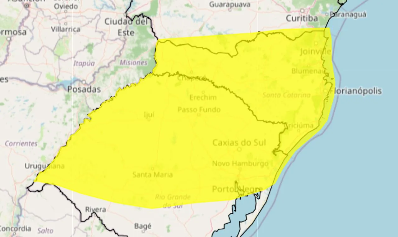 O mapa mostra as &aacute;reas em alerta para chuva intensa e ventos fortes na regi&atilde;o sul